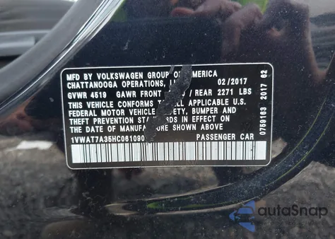 2017 Volkswagen Passat 1.8T S z USA, uszkodzony, nr VIN 1VWAT7A35HC061090